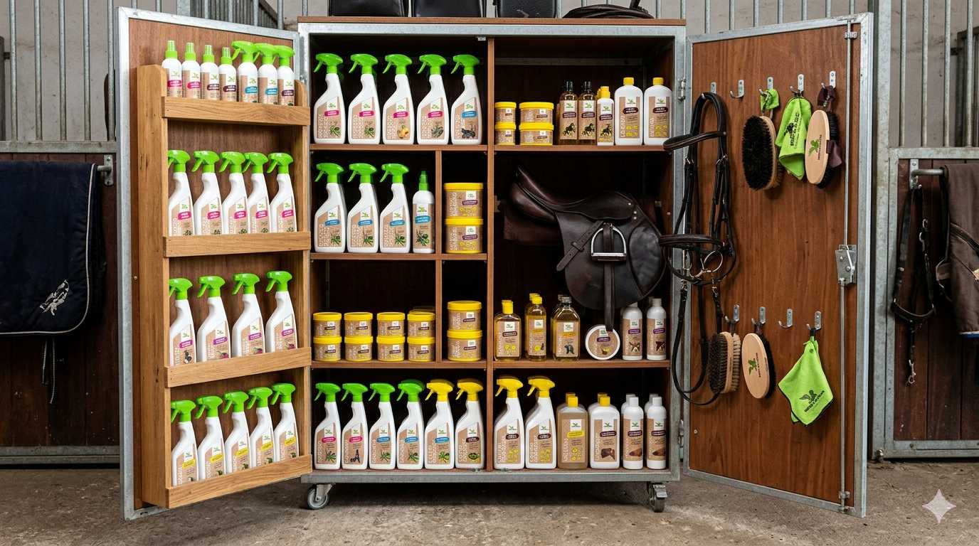 Offener Putzschrank im Stall mit Pferdepflegeprodukten, Sattel, Bürsten und Zubehör