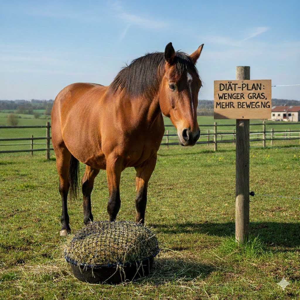 Braunes Pferd steht auf einer Weide neben einem Heunetz am Boden; auf einem Schild steht „Diät-Plan: Weniger Gras, mehr Bewegung“.