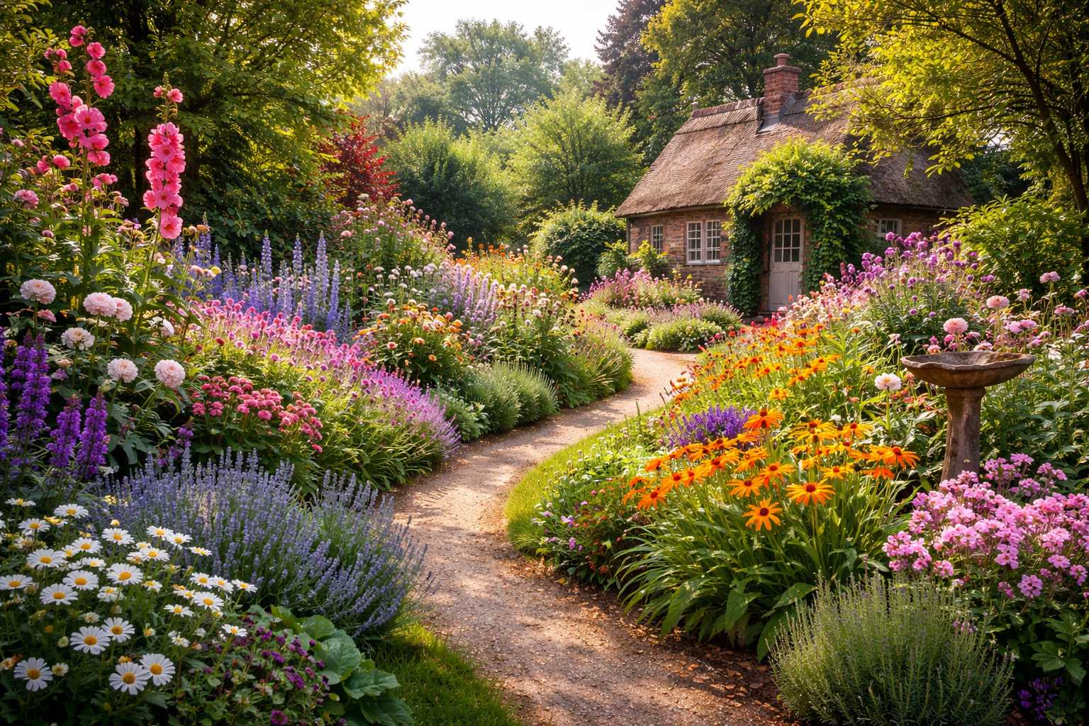 Romantischer Cottage-Garten mit geschwungenem Weg, dicht bepflanzten Blumenbeeten und einem kleinen Gartenhaus im Hintergrund