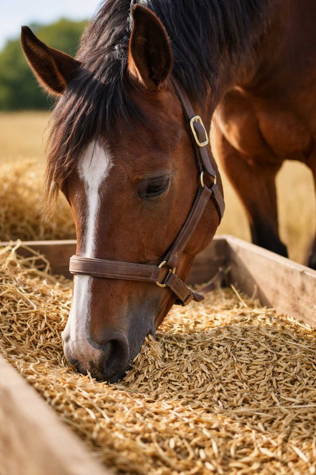 Braunes Pferd frisst Hafer aus einem Futtertrog – natürliche Getreidefütterung für Pferde