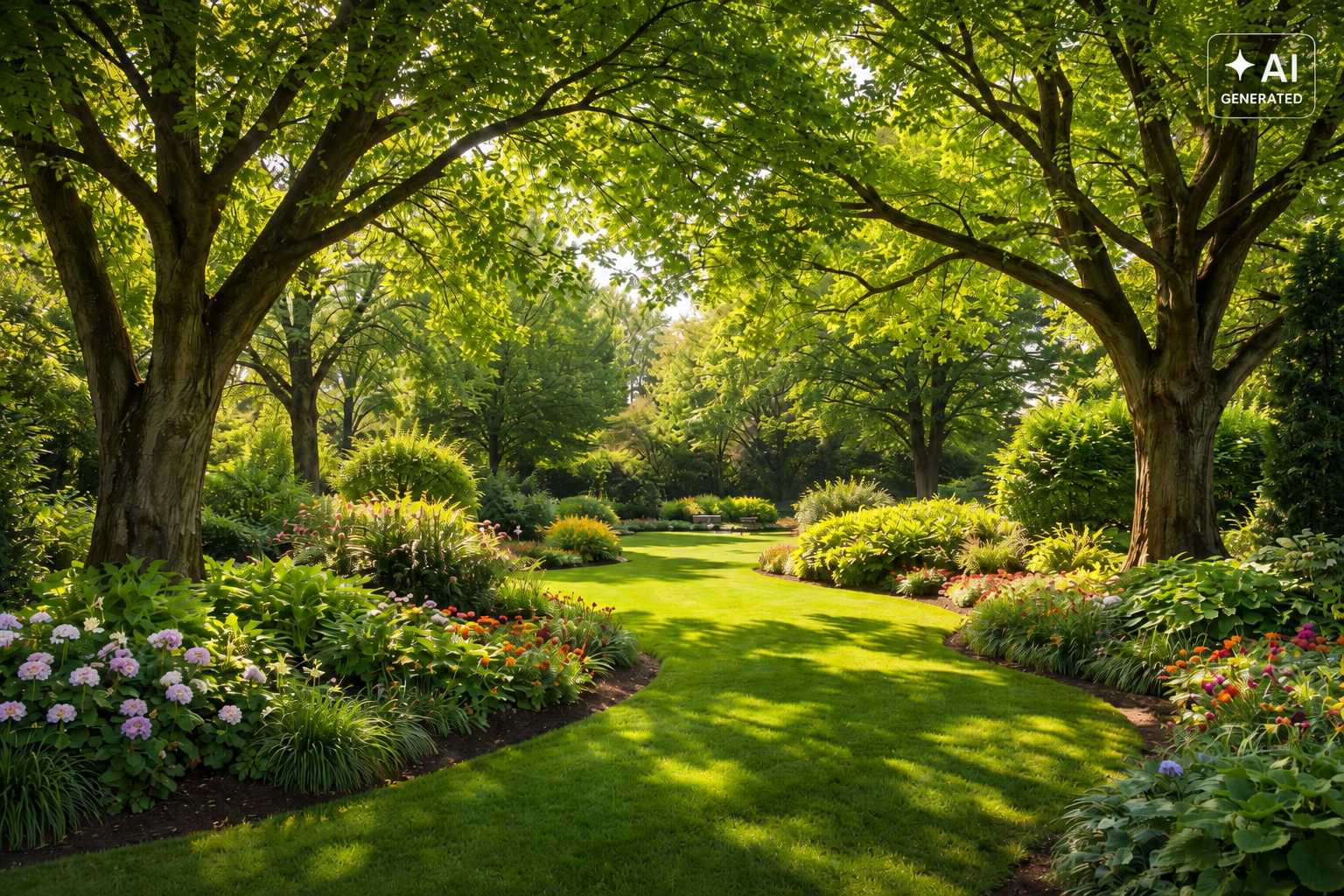 Gepflegter Garten mit altem Baumbestand, Rasen und blühenden Staudenbeeten