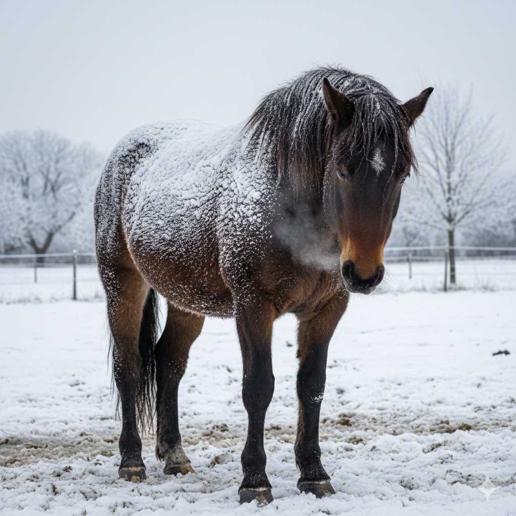Braunes Pferd steht auf einer schneebedeckten Weide, das Fell ist mit Schnee bedeckt und der Atem ist in der kalten Winterluft sichtbar.