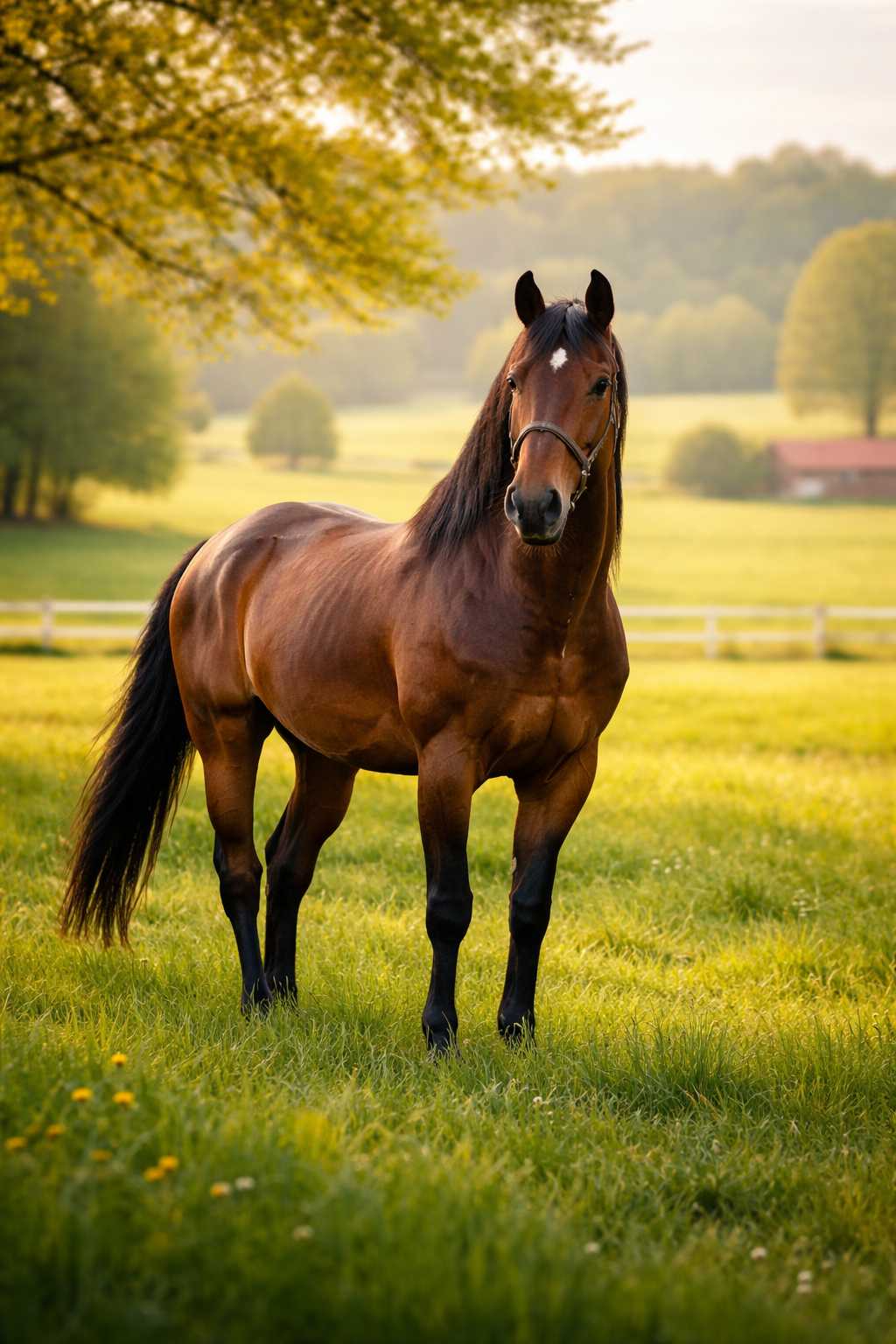 Braunes Pferd steht auf einer sonnigen Weide mit Bäumen und Zaun im Hintergrund
