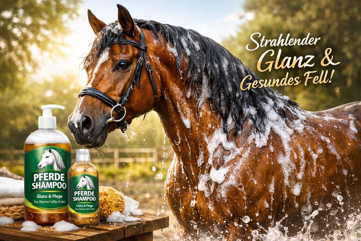 Pferd wird mit Shampoo gewaschen für glänzendes und gepflegtes Fell
