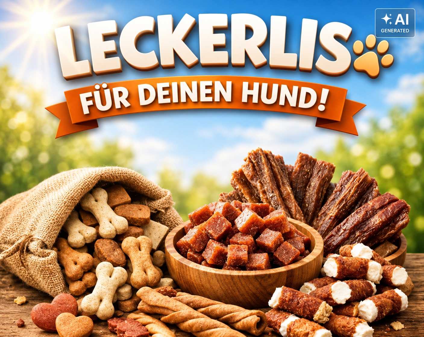 Verschiedene Hundesnacks wie Knochen, Würfel und Kaustangen auf einem Tisch