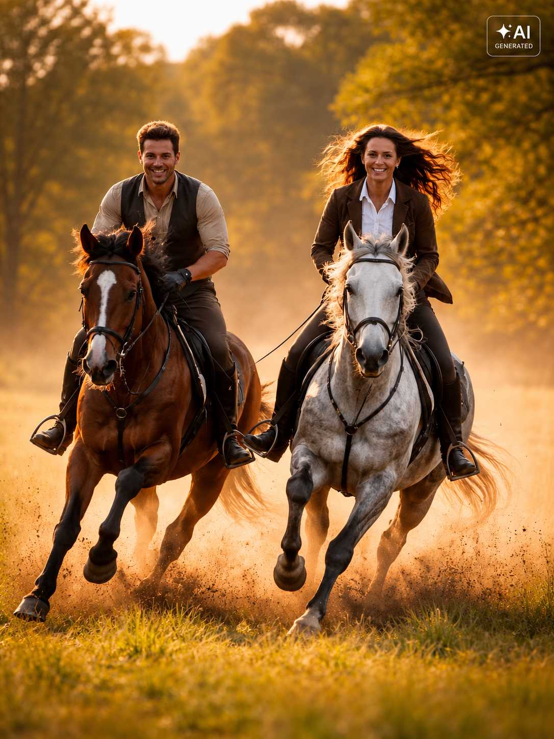 Mann und Frau reiten auf einem braunen Pferd und einem Schimmel über eine Wiese. Die Pferde galoppieren nebeneinander im warmen Licht der untergehenden Sonne.