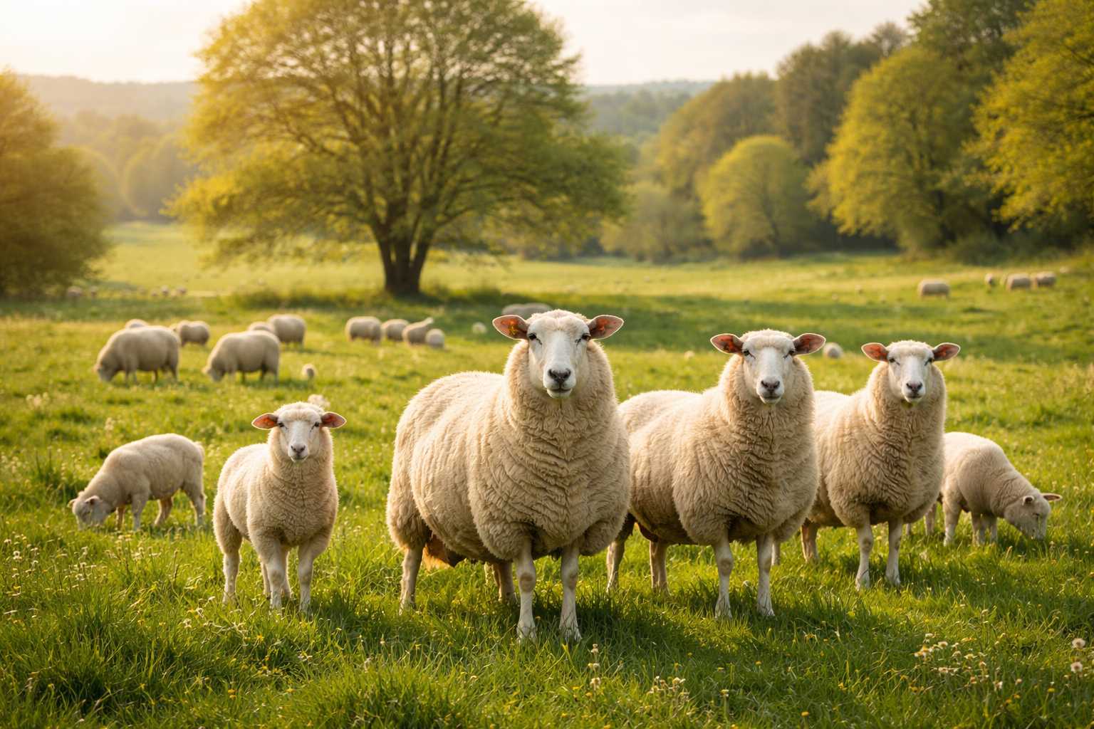 Mehrere Schafe stehen und grasen auf einer grünen Wiese in einer ruhigen ländlichen Landschaft