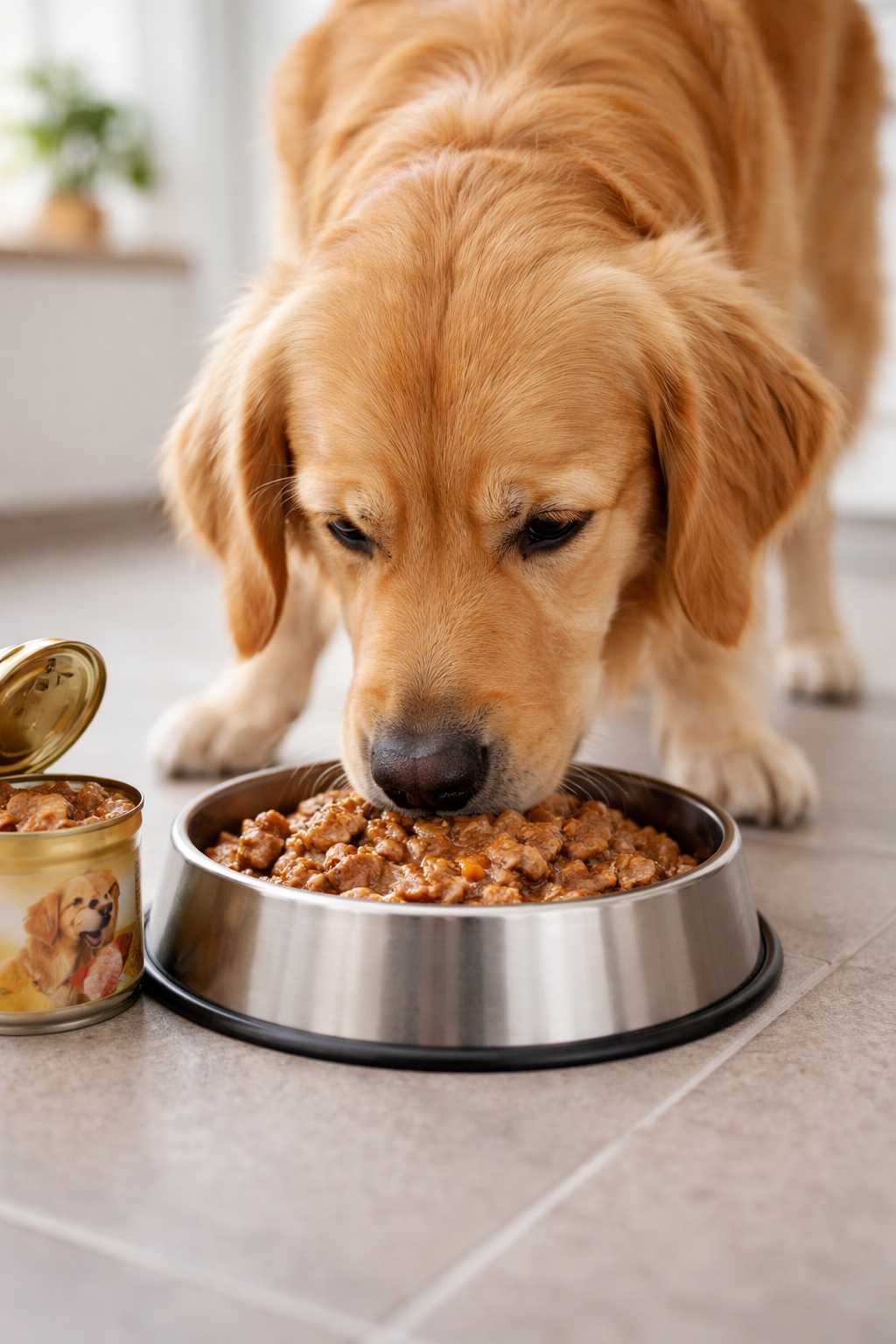 Golden Retriever frisst Nassfutter aus einem Edelstahlnapf, daneben steht eine geöffnete Dose Hundefutter
