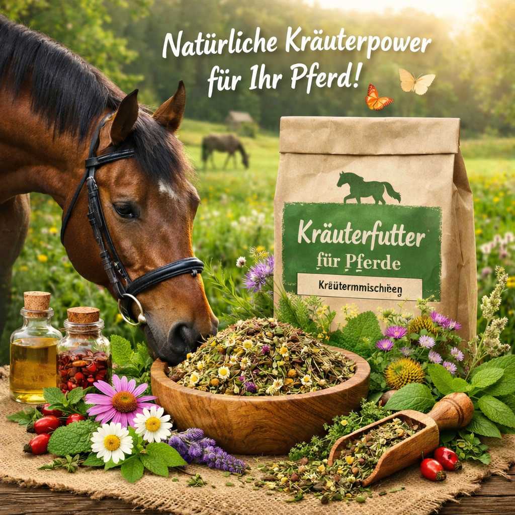 Pferd frisst Kräuterfutter aus einer Schüssel mit verschiedenen Heilkräutern und Kräutermischung für Pferde auf einer Wiese