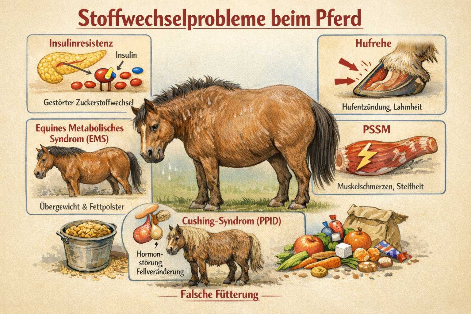 Infografik zu Stoffwechselproblemen beim Pferd mit Darstellungen von Insulinresistenz, EMS, Hufrehe, PSSM, Cushing (PPID), Übergewicht und falscher Fütterung.