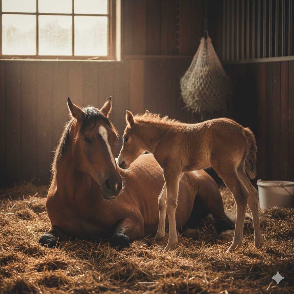 Eine braune Stute liegt auf Stroh in einem Holzstall, neben ihr steht ein junges Fohlen im warmen Licht eines Fensters.