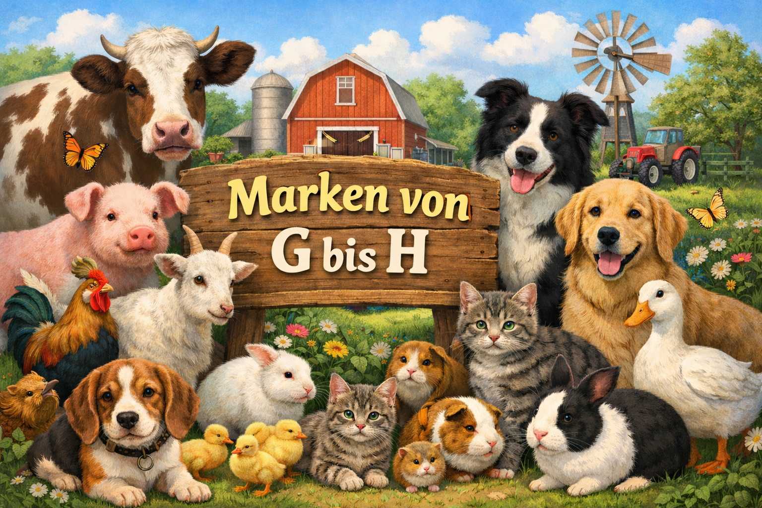 Bauernhofszene mit Kuh, Schwein, Hund, Katze, Geflügel und weiteren Tieren sowie Schriftzug Marken von G bis H
