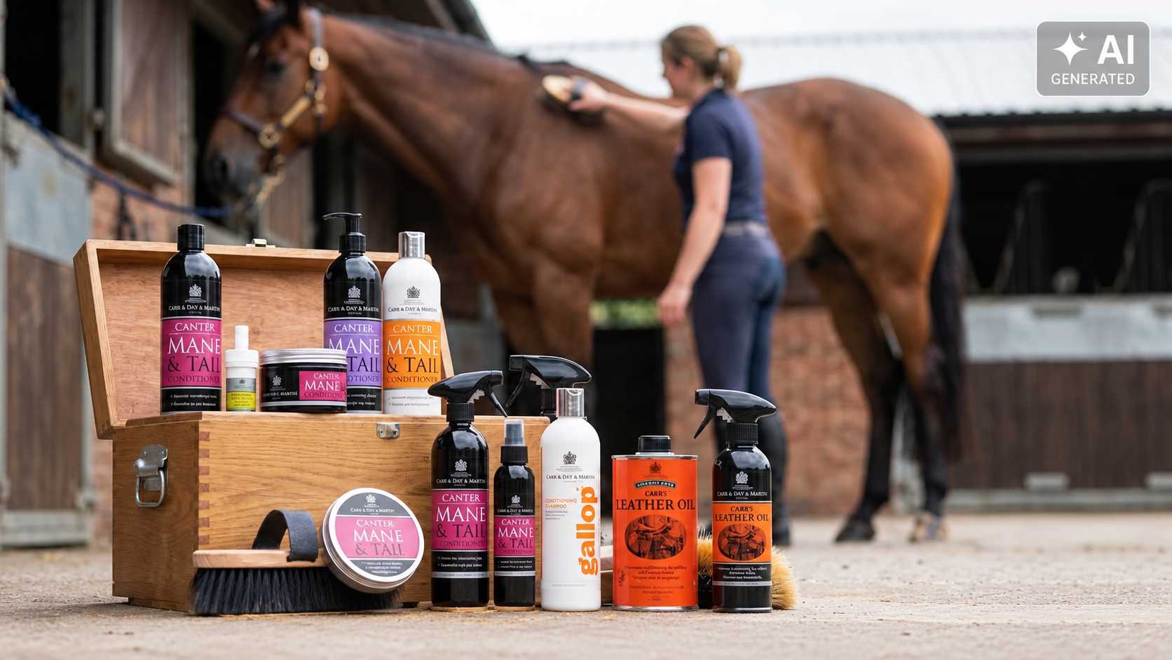 Verschiedene Pferdepflegeprodukte wie Mähnenspray, Fellpflegespray und Pflegetiegel stehen neben einer geöffneten Putzkiste. Im Hintergrund pflegt eine Frau ein braunes Pferd am Stall.