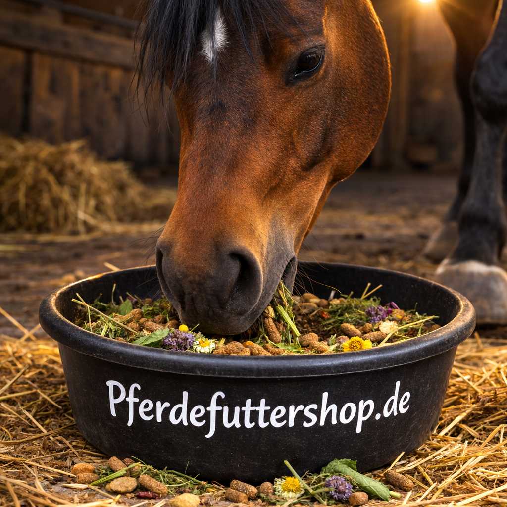 Braunes Pferd frisst Kräuter-Pferdefutter aus einer Futterschüssel im Stall mit Heu im Hintergrund