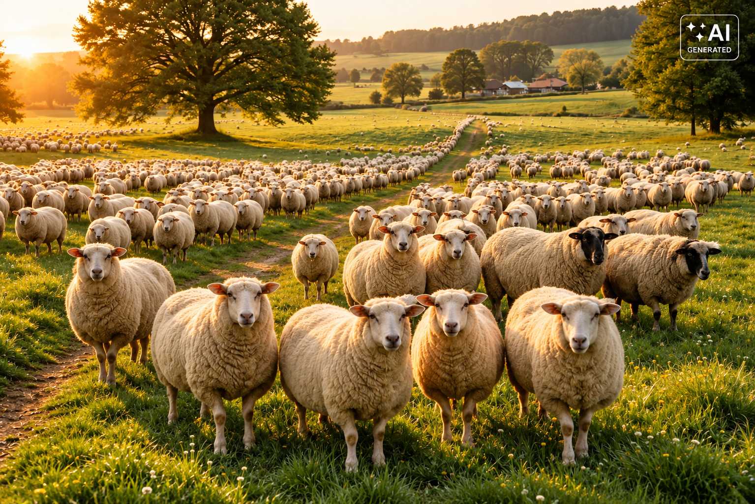 Große Schafherde auf einer sonnigen Weide mit Bäumen und Feldern