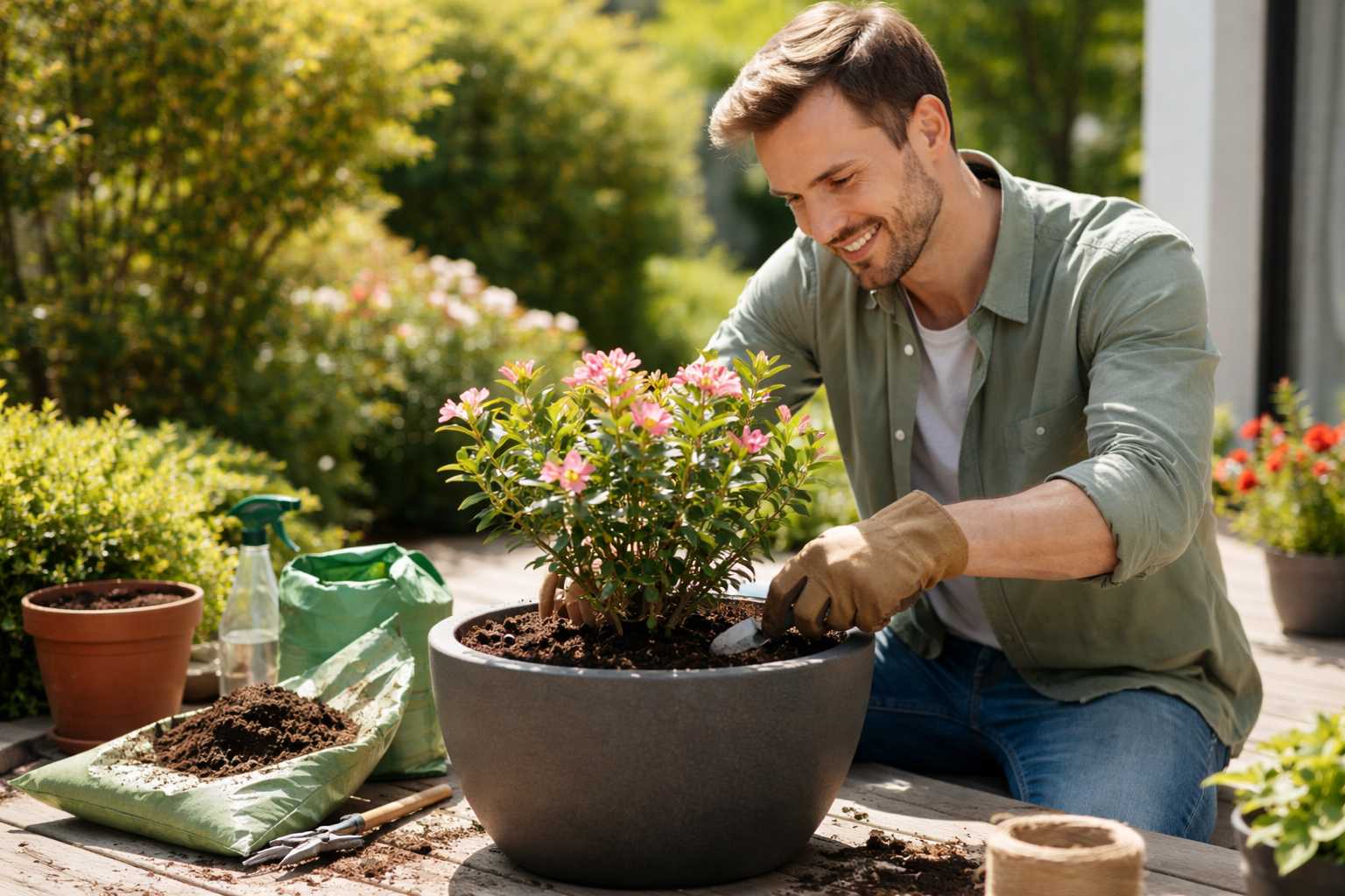 Mann pflanzt blühende Pflanze in einen Blumentopf mit frischer Erde auf der Terrasse