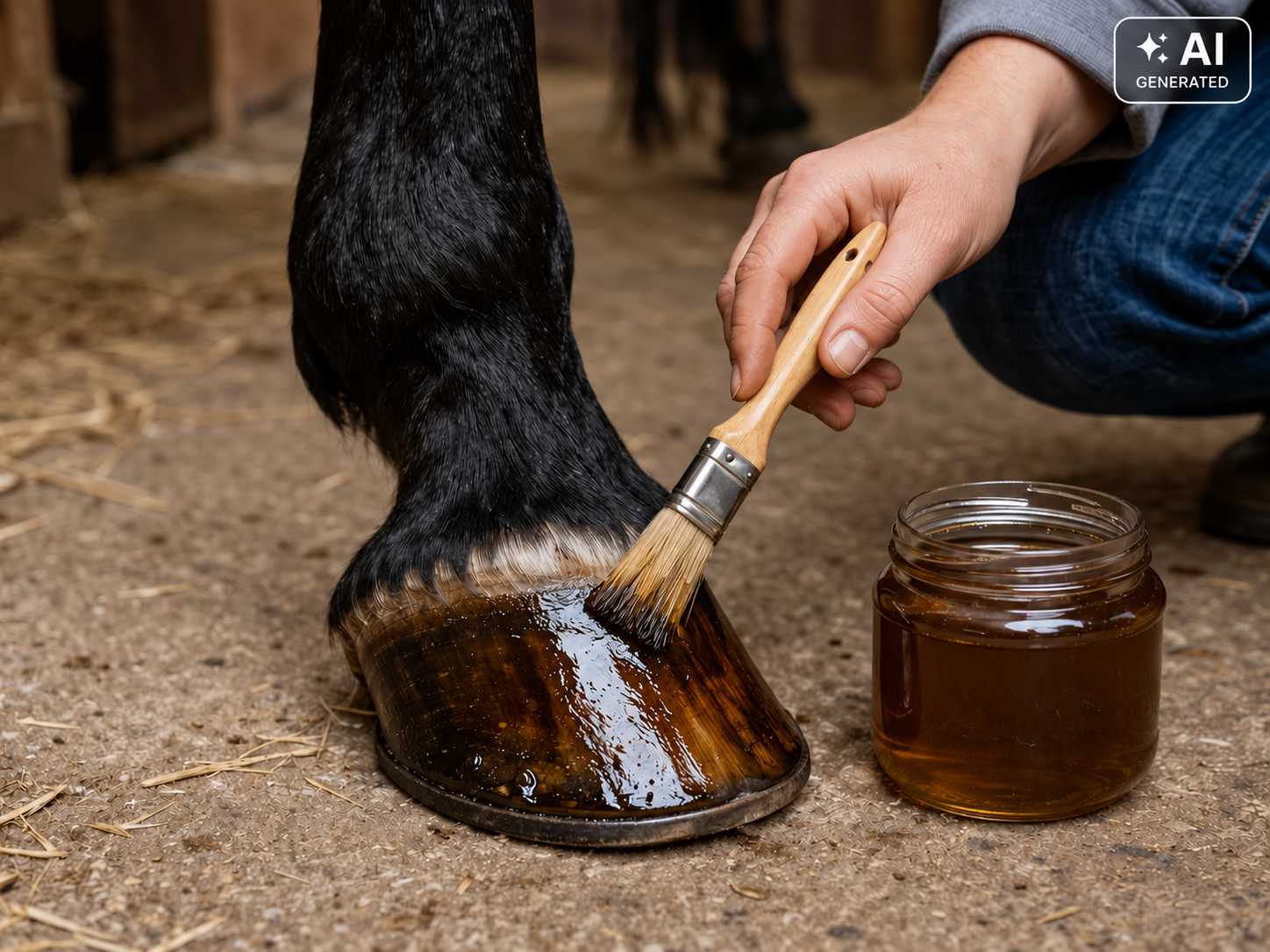 Eine Person trägt mit einem Pinsel Huföl auf die Hufwand eines Pferdes auf. Daneben steht ein geöffnetes Glas mit braunem Huföl.