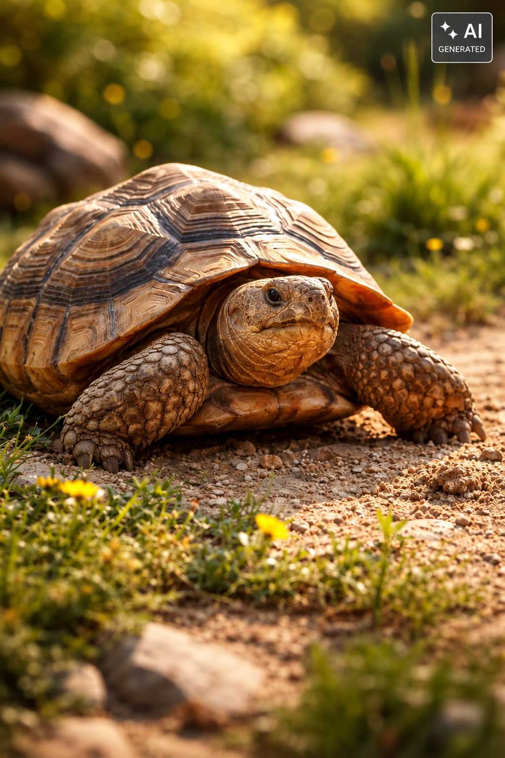 Landschildkröte auf einem sonnigen Weg zwischen Gras und Steinen