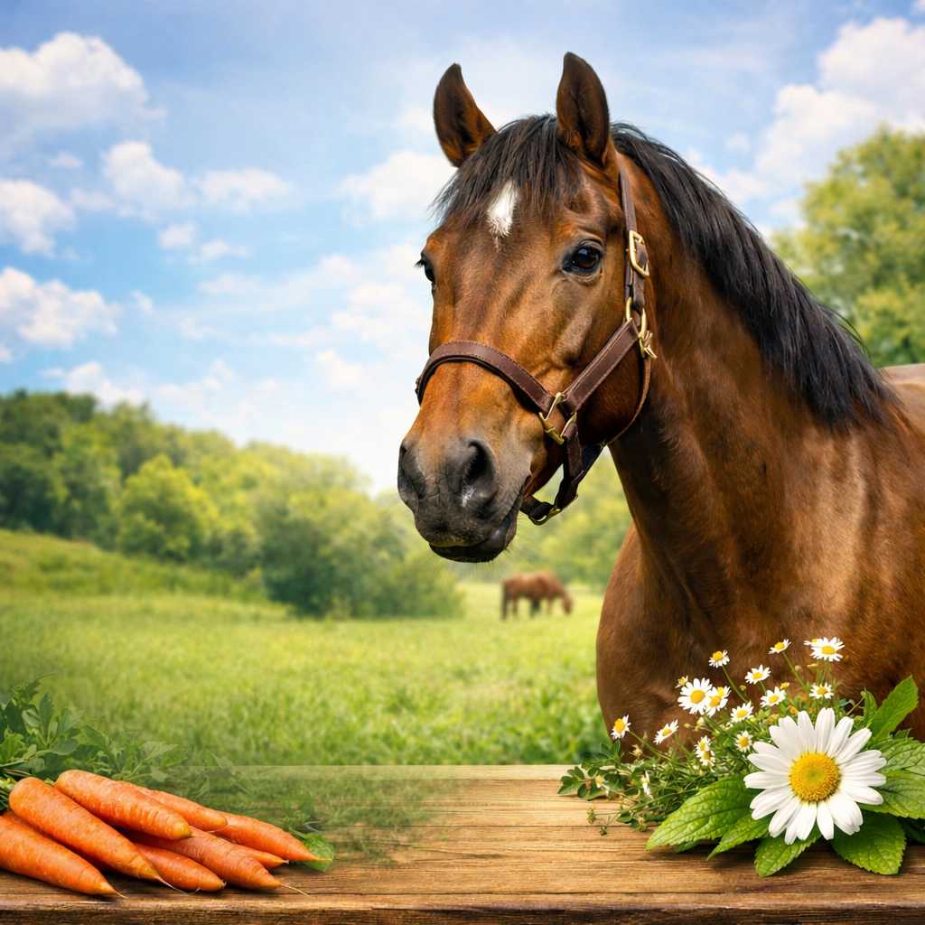 Braunes Pferd steht auf einer Wiese neben Möhren und frischen Kräutern auf einem Holztisch