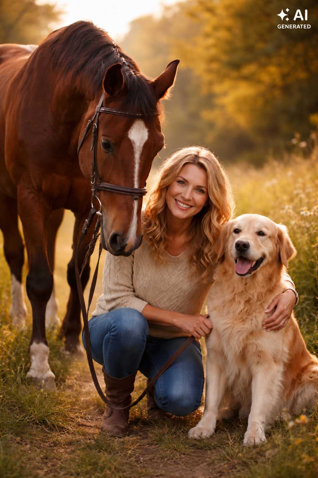 Lächelnde Frau kniet neben einem Golden Retriever und einem braunen Pferd mit weißer Blesse auf einer Wiese im warmen Abendlicht.