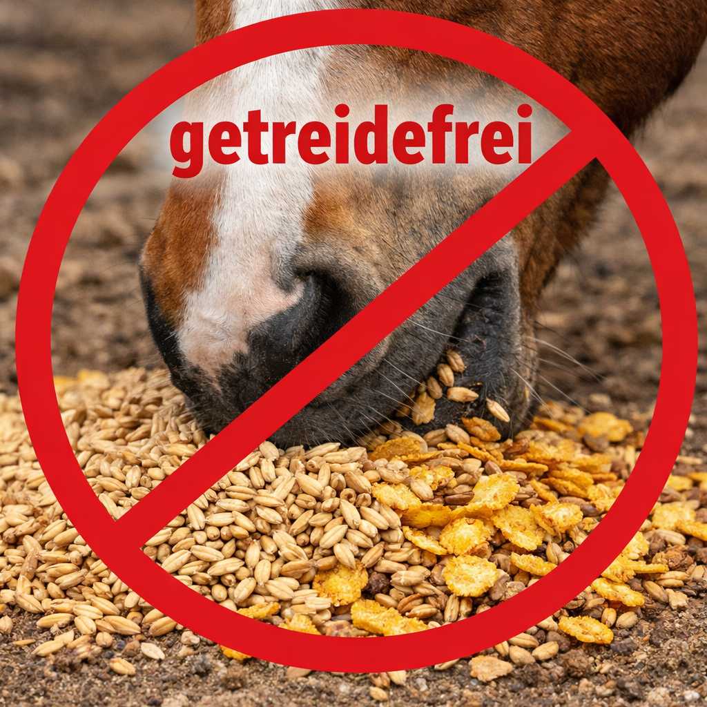 Pferd frisst Getreide mit rotem Verbotssymbol und Hinweis auf getreidefreies Pferdefutter