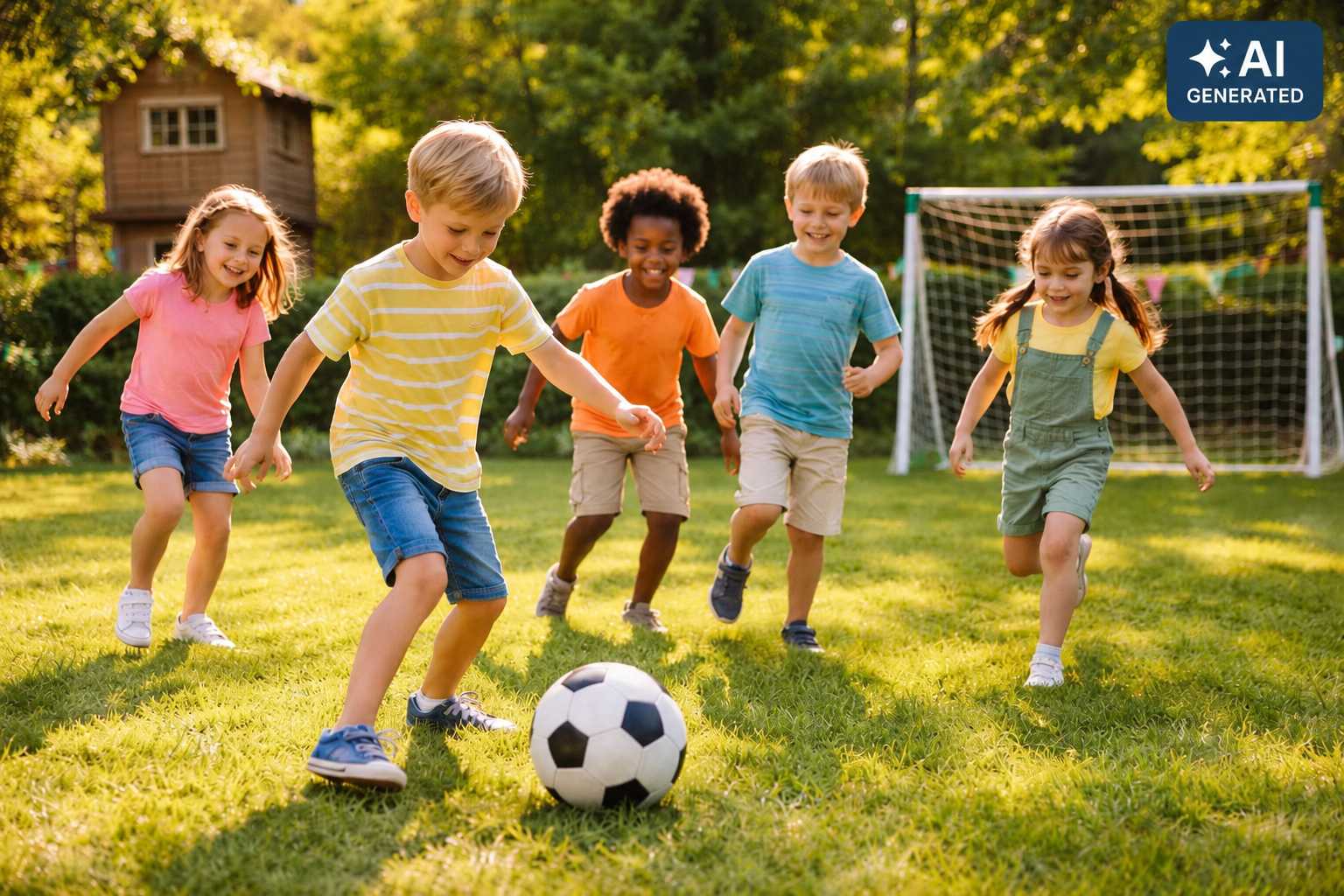 Fröhliche Kinder beim Fußballspielen auf einer Rasenfläche mit kleinem Tor