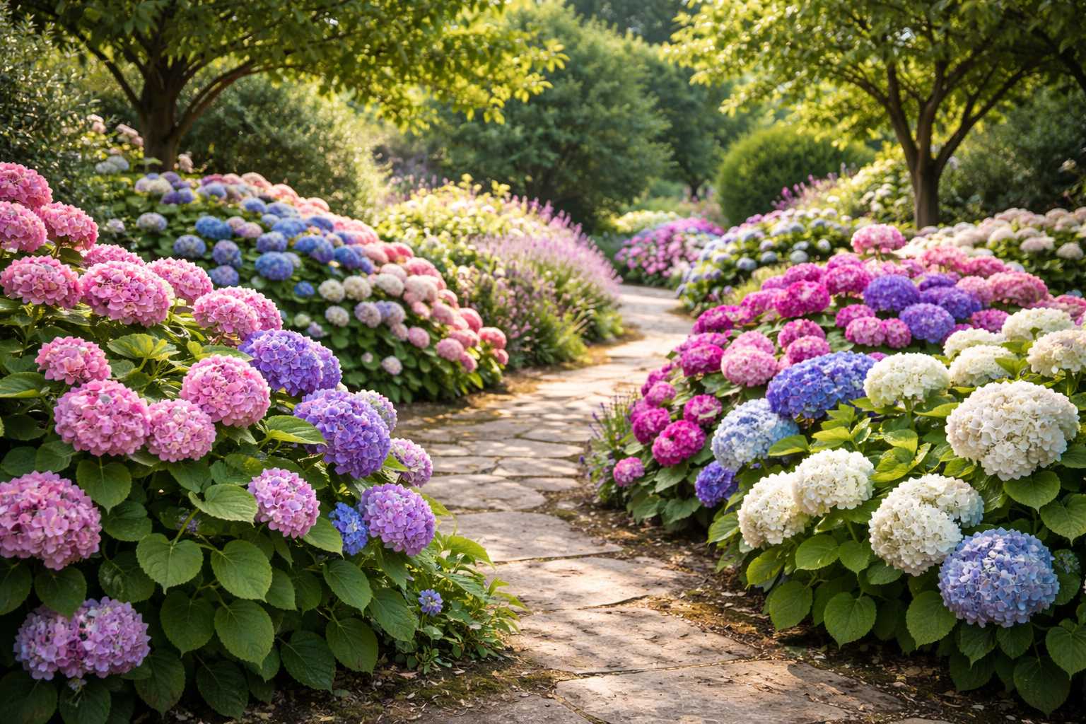 Gartenweg gesäumt von üppig blühenden Hortensien in Rosa, Blau, Weiß und Violett in einer gepflegten Parkanlage
