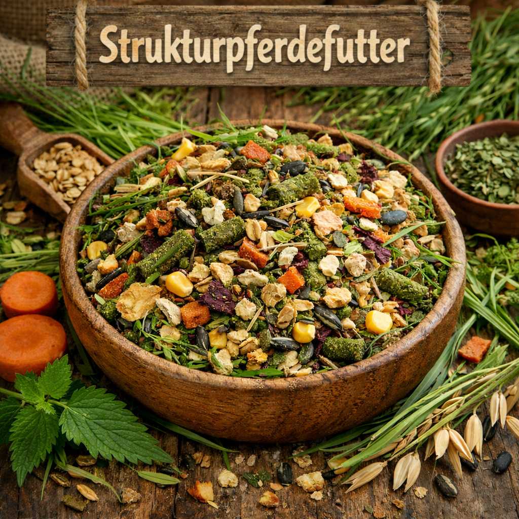 Schüssel mit Strukturpferdefutter aus Kräutern, Getreide, Saaten und Gemüse für eine natürliche Pferdefütterung