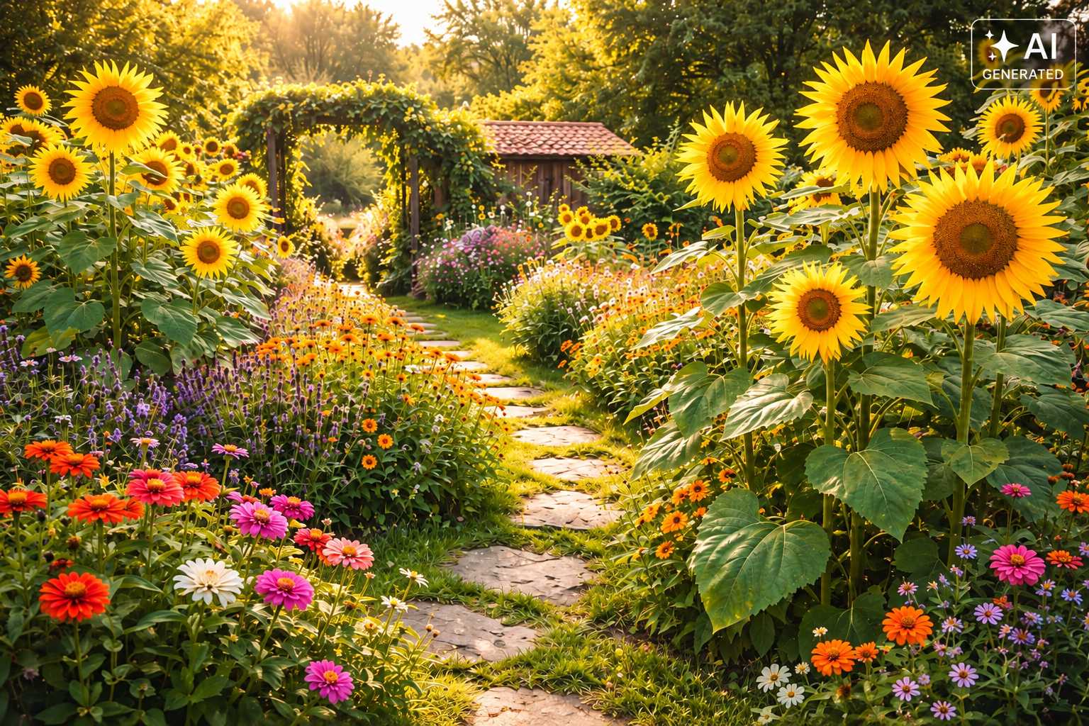 Blühender Gartenweg mit großen Sonnenblumen und farbenfrohen Sommerblumen