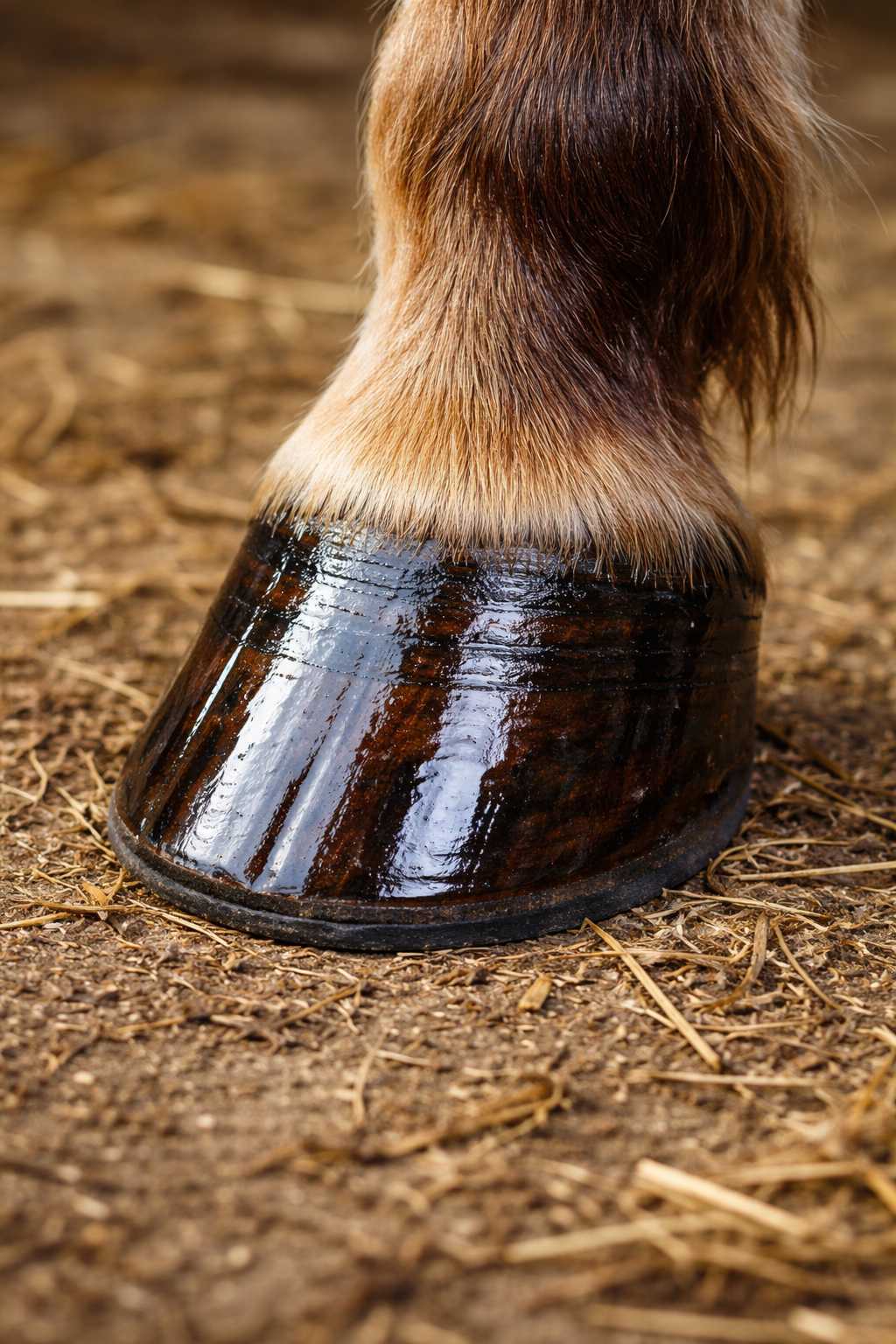Nahaufnahme eines Pferdehufs mit frisch aufgetragenem Huföl, das den Huf glänzend erscheinen lässt