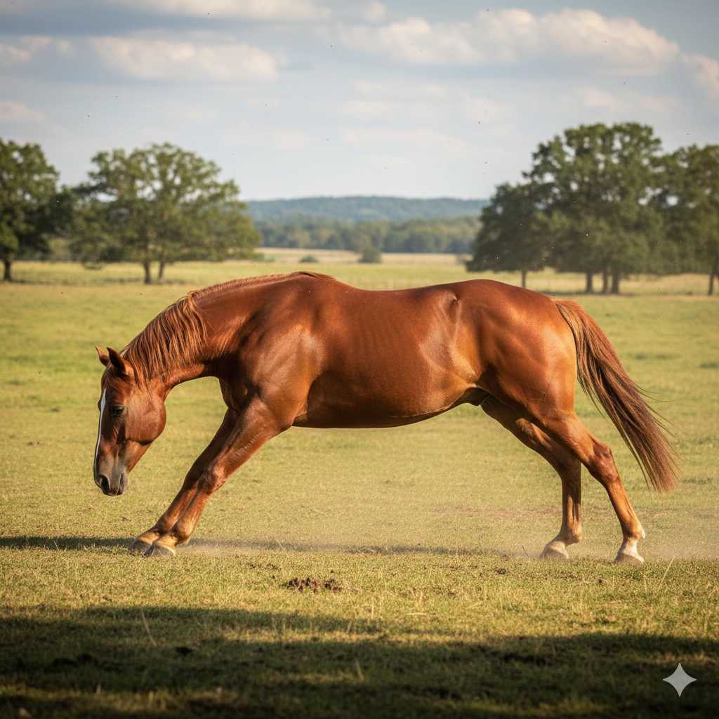 Braunes Pferd bewegt sich im Schritt über eine grüne Weide, im Hintergrund sind Bäume und eine offene Landschaft zu sehen.