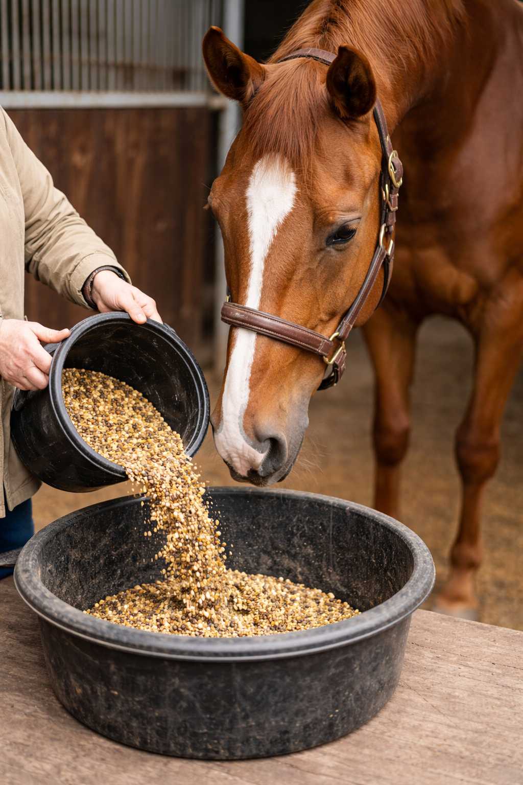 Eine Person schüttet Kraftfutter in eine Futterschüssel, während ein braunes Pferd neugierig danebensteht