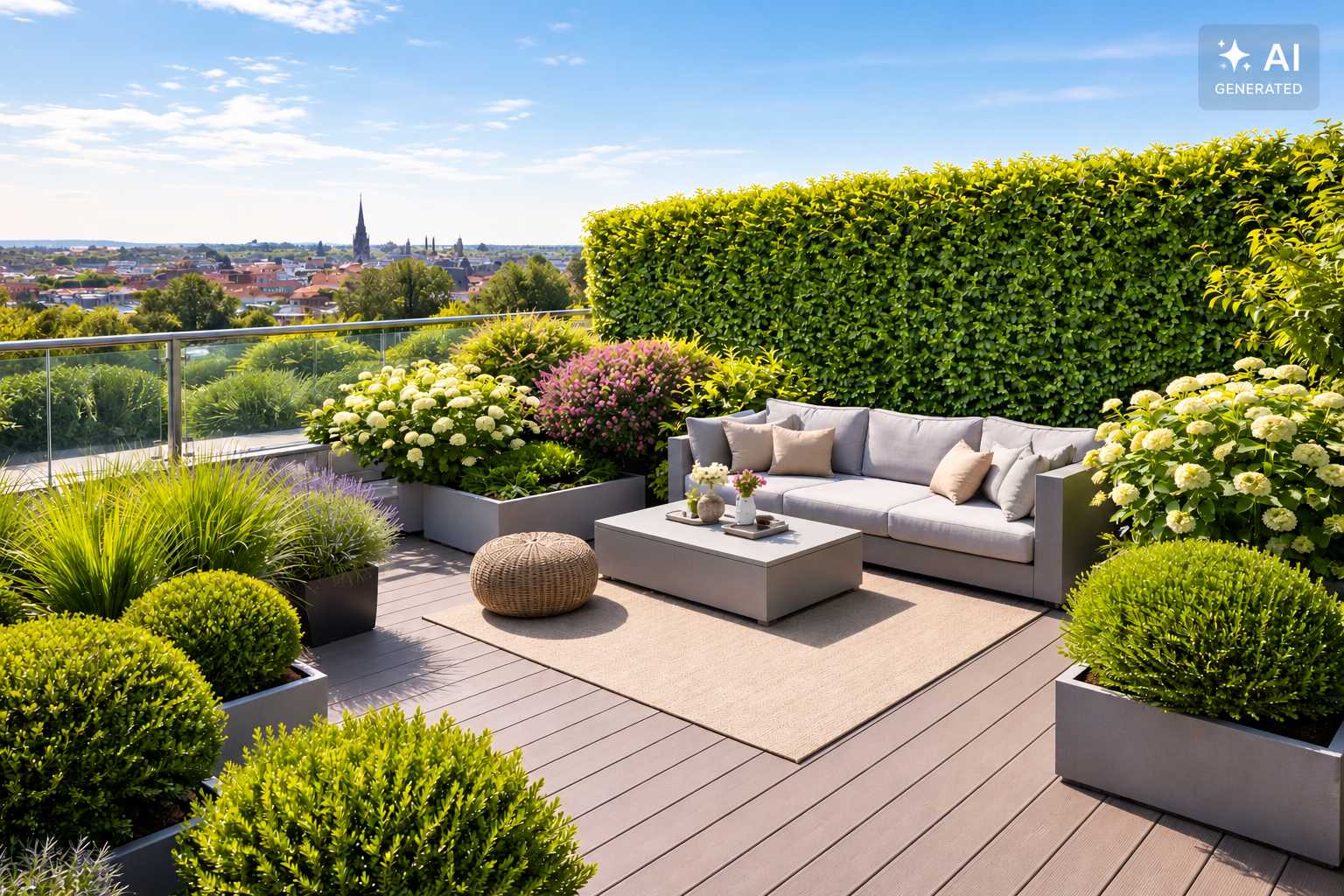 Begrünte Dachterrasse mit Lounge-Möbeln, Pflanzkübeln, Hecke und Blick über die Stadt