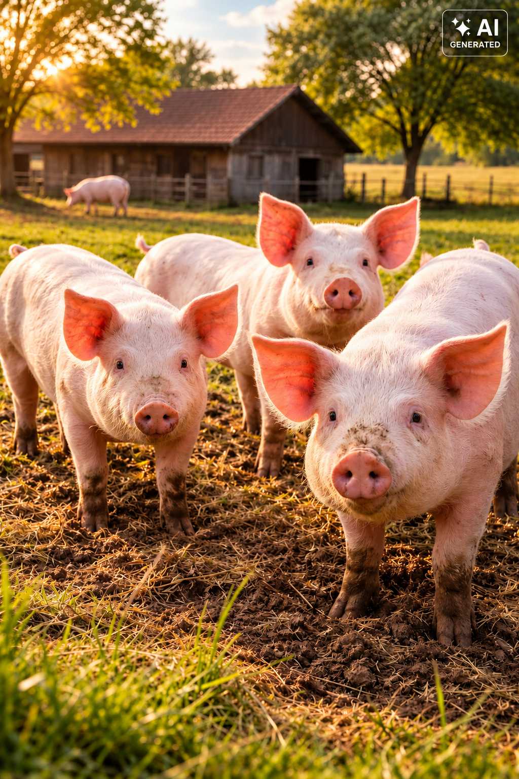 Mehrere Schweine stehen auf einer Wiese vor einem Bauernhof