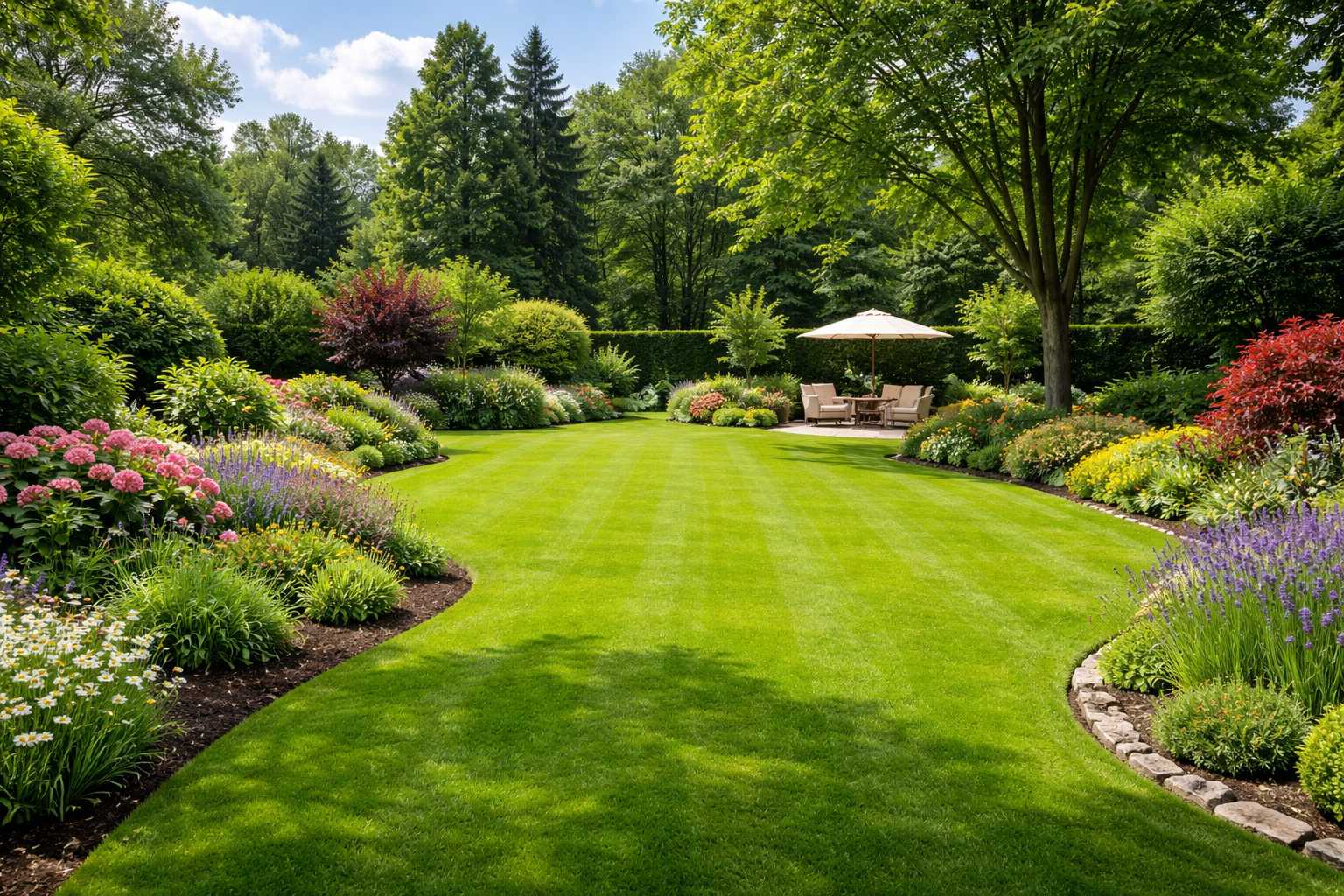Großer, gepflegter Garten mit dichtem Rasen, geschwungenen Blumenbeeten und einer gemütlichen Sitzgruppe unter einem Sonnenschirm