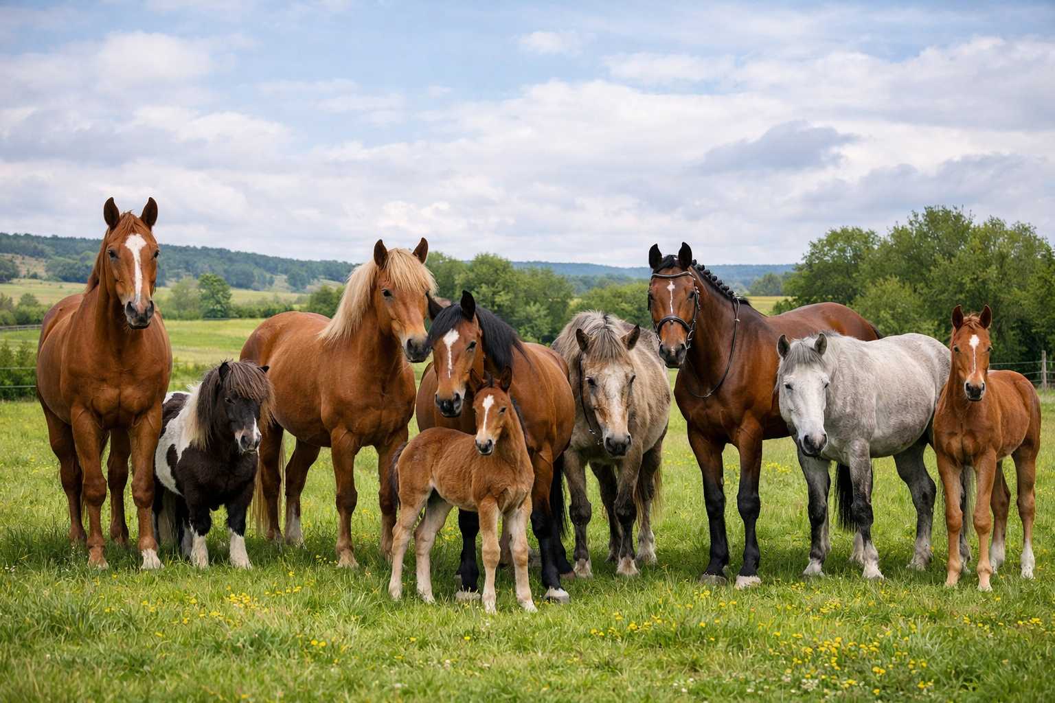 Mehrere Pferde und Fohlen stehen gemeinsam auf einer grünen Weide in natürlicher Umgebung