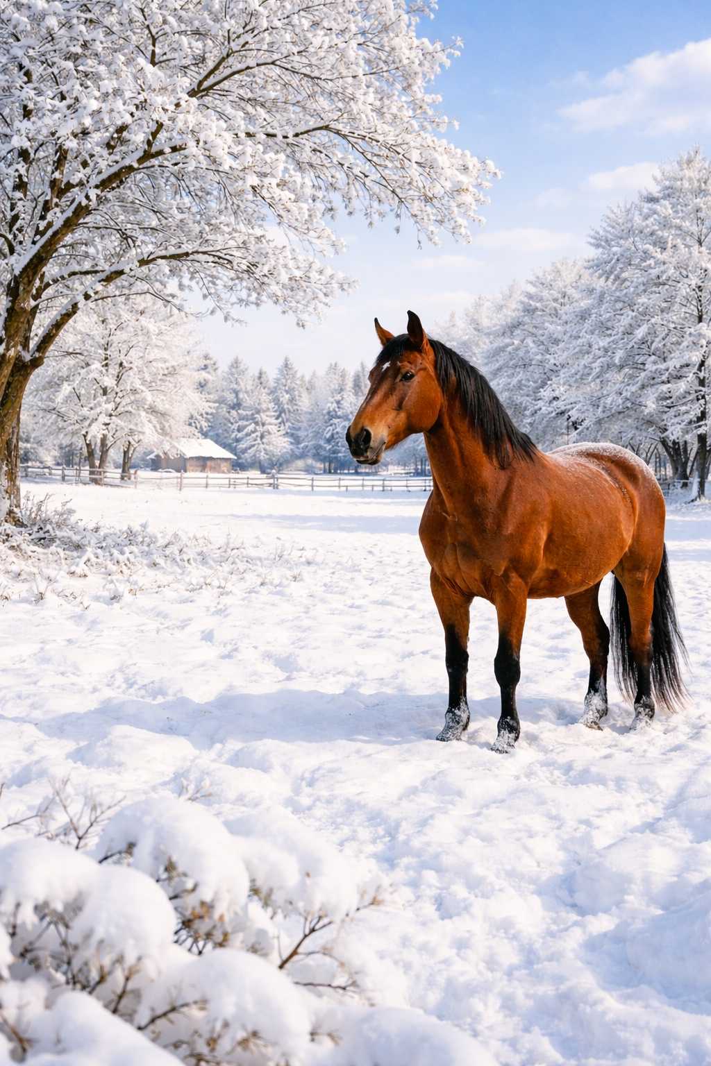 Braunes Pferd steht auf einer schneebedeckten Wiese zwischen winterlichen Bäumen in einer ruhigen Winterlandschaft