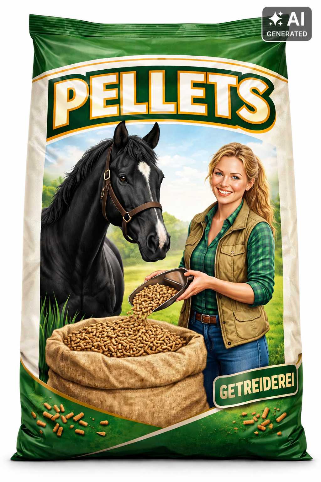 Grüner Futtersack mit der Aufschrift „Pellets“ und „Getreidefrei“. Auf der Verpackung sind ein schwarzes Pferd, eine Frau mit Futterschaufel und ein Jutesack mit Futterpellets abgebildet.