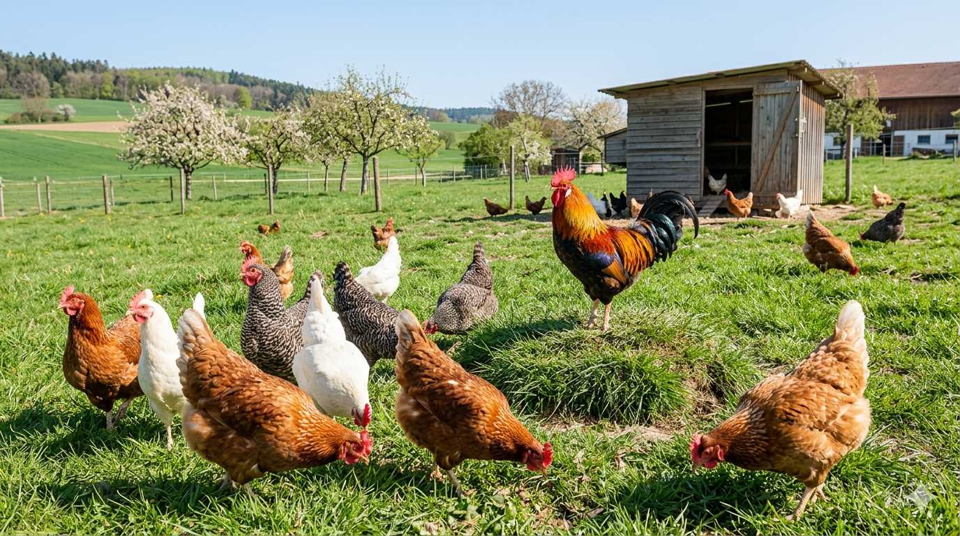 Mehrere Hühner und ein Hahn laufen frei über eine grüne Wiese auf einem ländlichen Bauernhof
