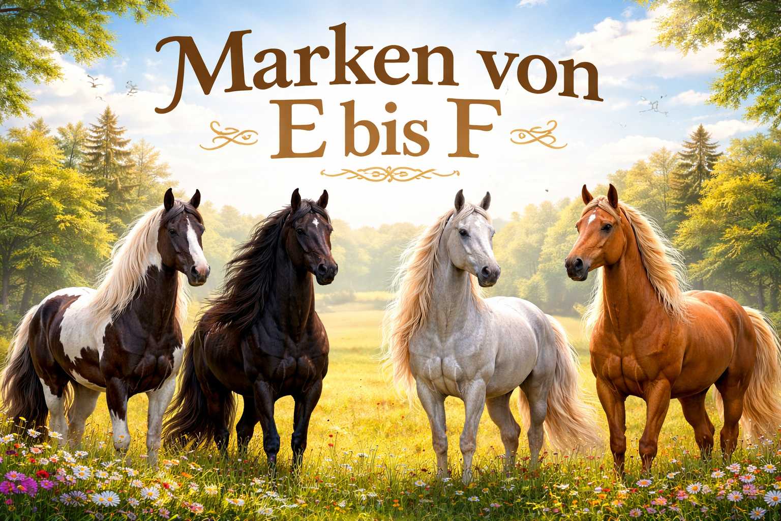 Vier Pferde auf einer sonnigen Wiese mit Schriftzug Marken von E bis F