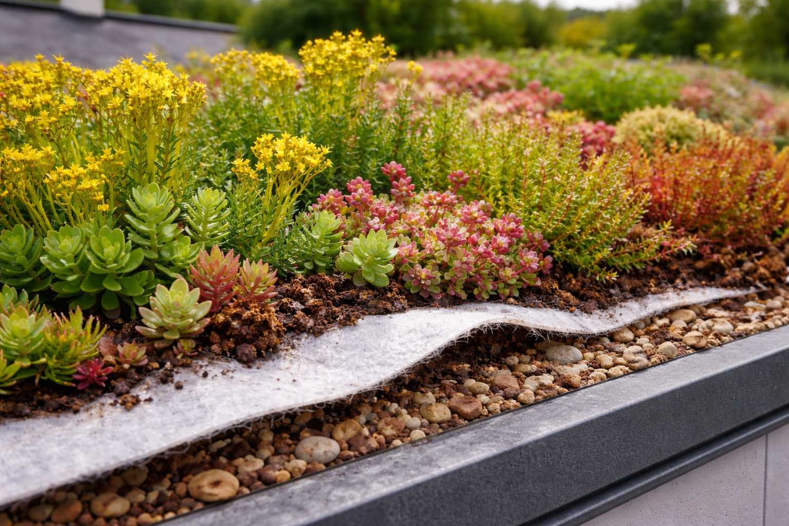 Querschnitt eines begrünten Dachs mit Sedum-Pflanzen, Substrat, Filtervlies und Drainageschicht aus Kies