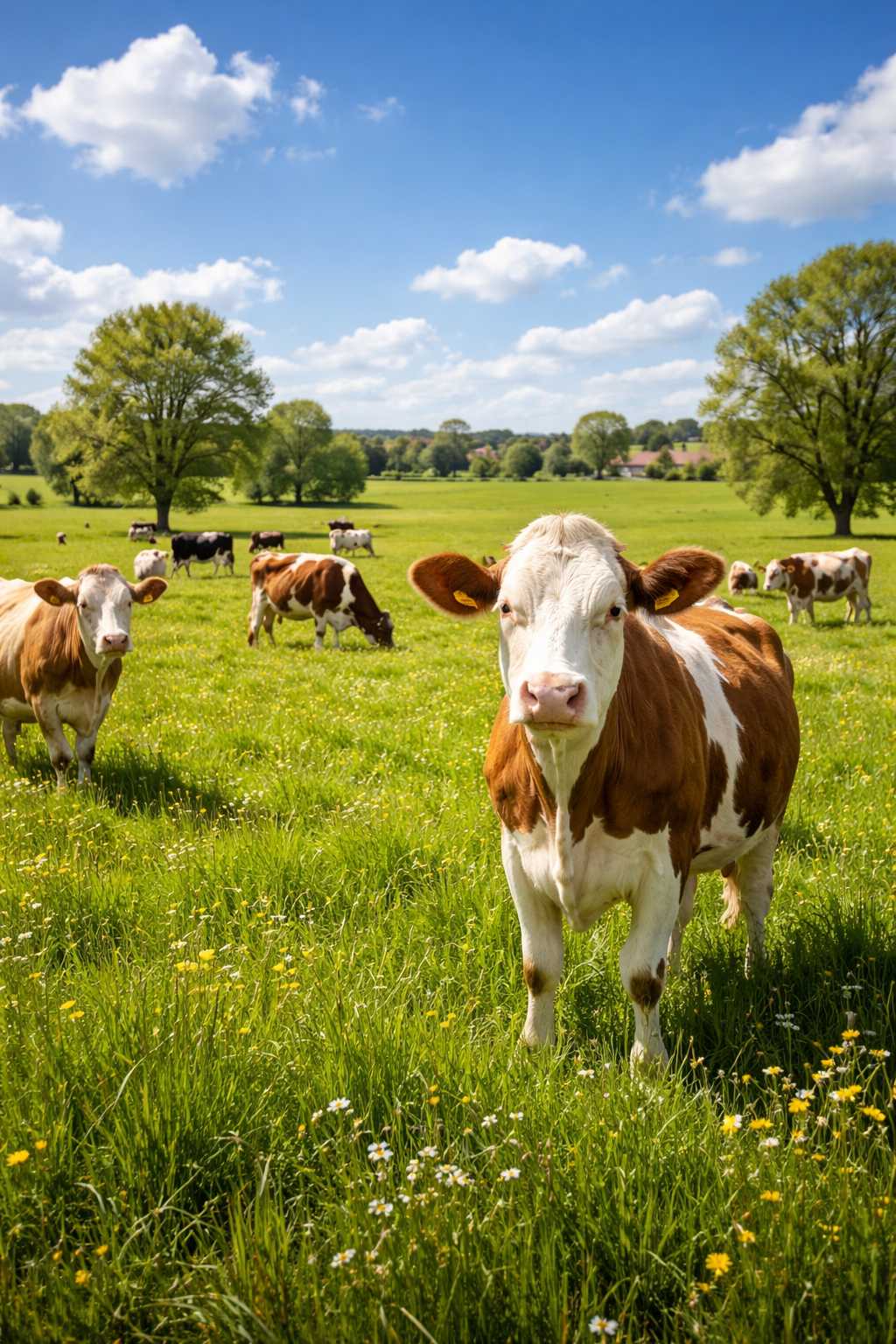 Mehrere Rinder grasen auf einer großen grünen Wiese mit Blumen und Bäumen im Hintergrund