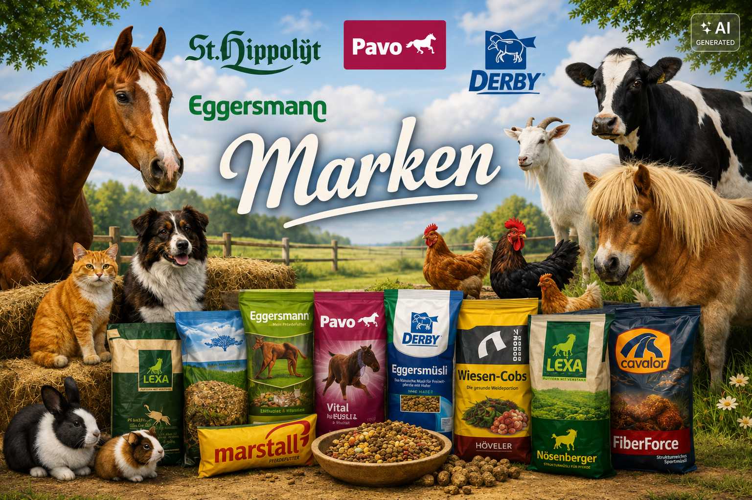 Verschiedene Pferdefutter- und Tierfuttermarken mit Pferd, Kuh, Ziege und Kleintieren