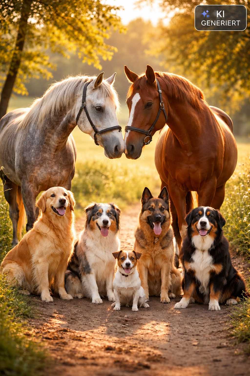 Ein grauer Schimmel und ein braunes Pferd stehen nebeneinander auf einer Wiese. Vor ihnen sitzen fünf Hunde unterschiedlicher Rassen im warmen Abendlicht.