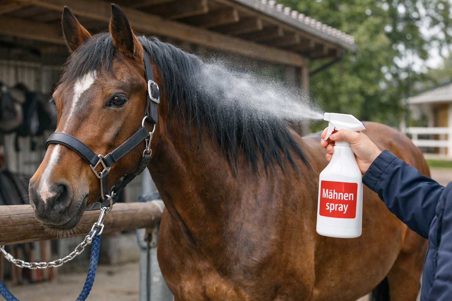 Hand sprüht Mähnenspray auf die Mähne eines Pferdes