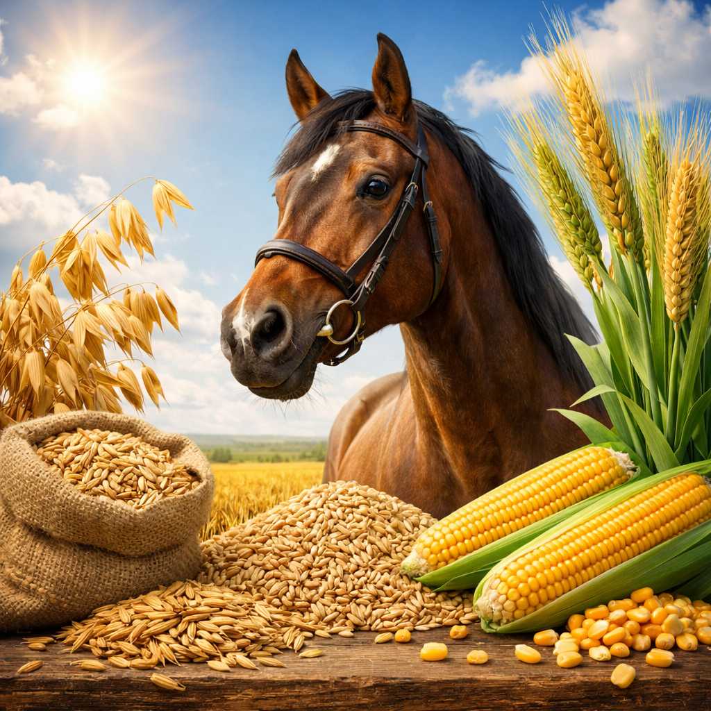 Braunes Pferd neben verschiedenen Getreidesorten wie Hafer, Gerste, Weizen und Mais als Zutaten für Pferdefutter