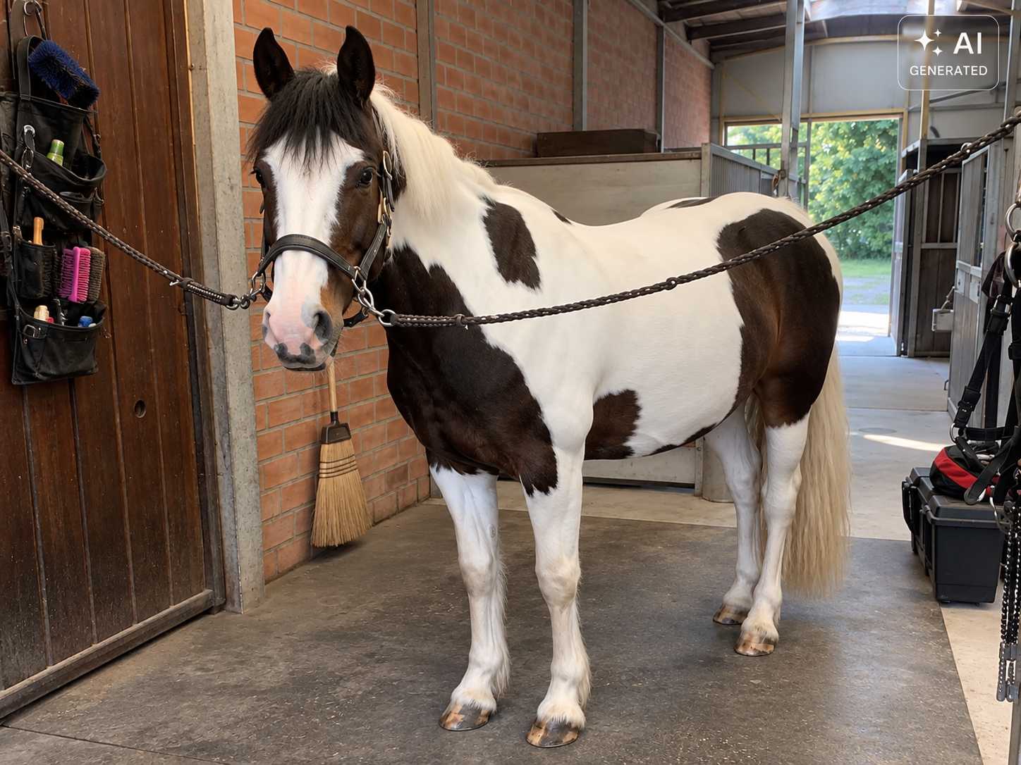Schwarz-weiß geschecktes Pferd steht angebunden im Stallbereich