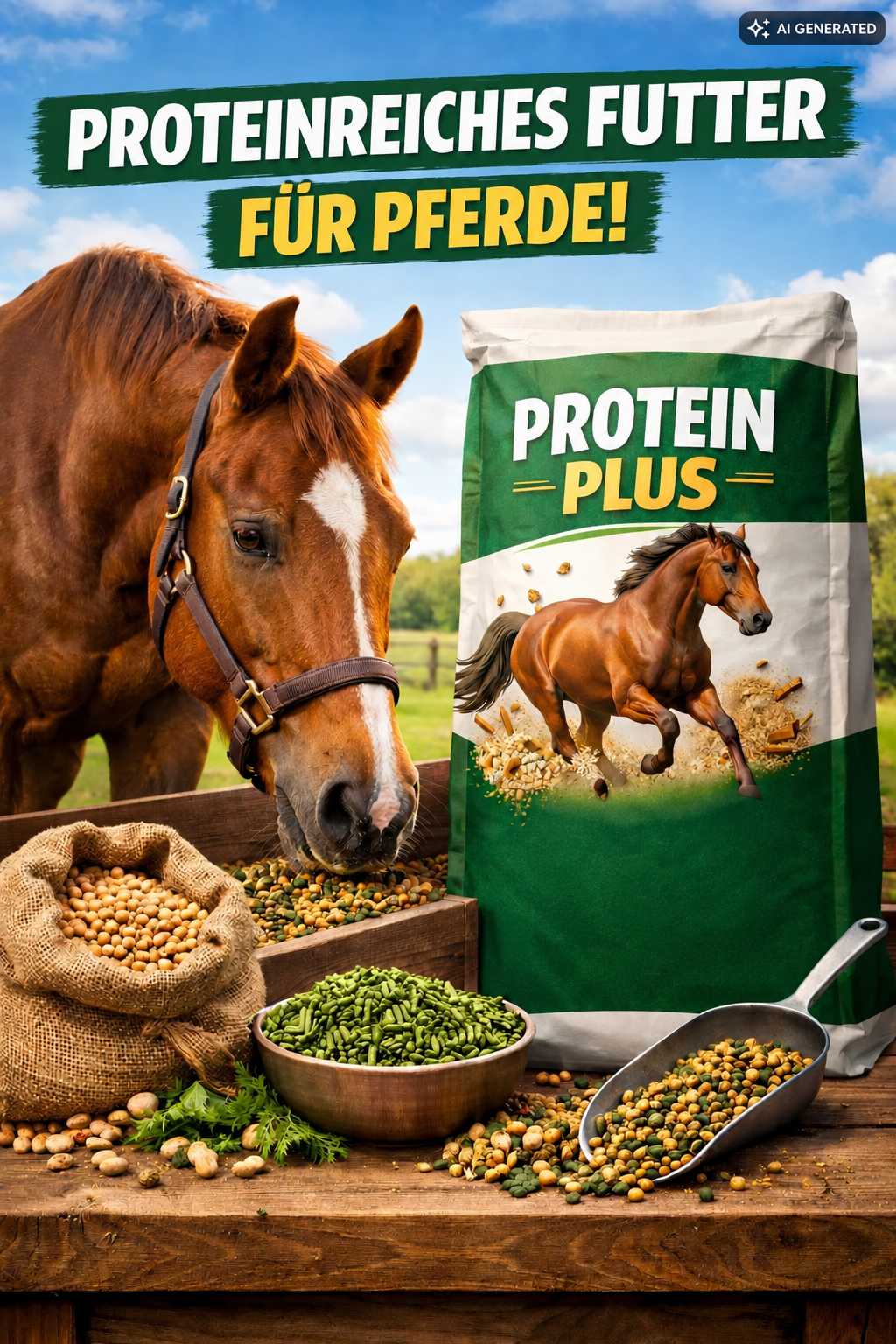 Braunes Pferd neben einem grünen Futtersack mit der Aufschrift „Protein Plus“. Im Vordergrund stehen verschiedene Futtermischungen, Pellets und eiweißreiche Futterzutaten.