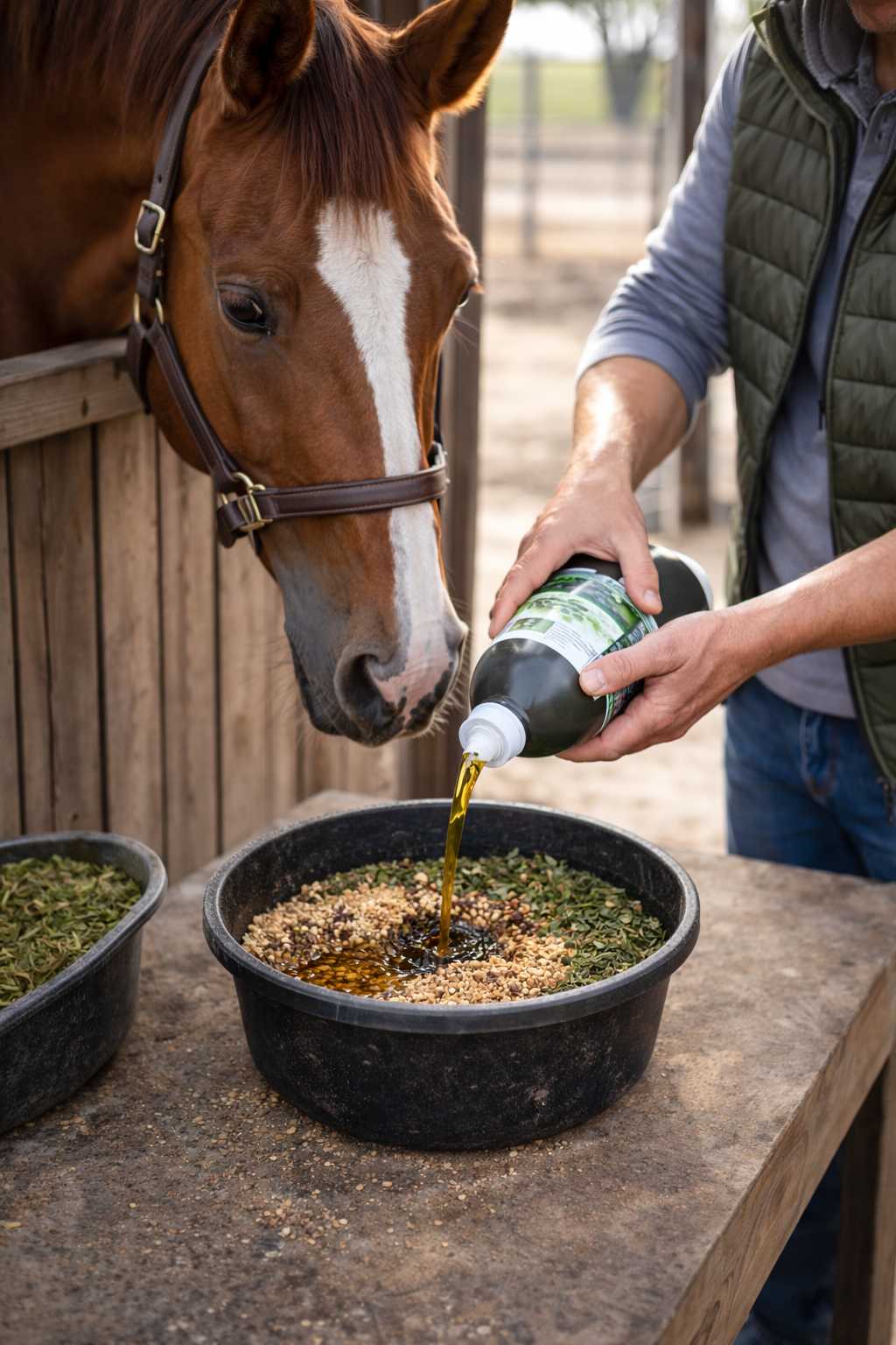 Pferdebesitzer gibt Pflanzenöl als Futterergänzung in eine Schüssel mit Pferdefutter im Stall