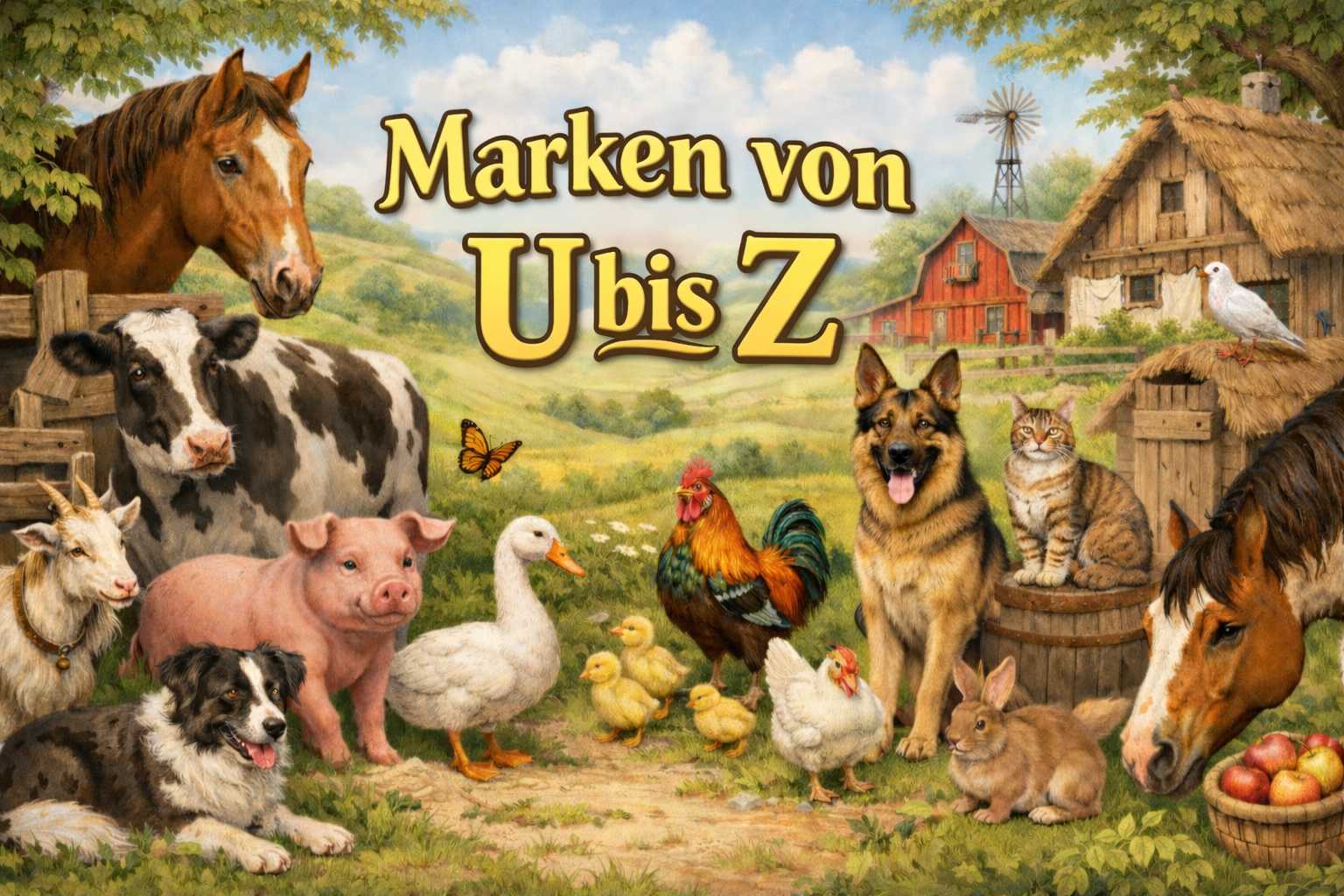 Bauernhofszene mit Pferd, Kuh, Hund, Katze, Geflügel und anderen Tieren sowie Schriftzug Marken von A bis Z
